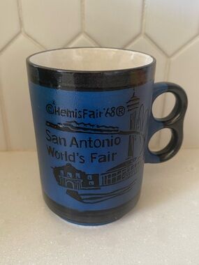 Hemis Fair 1968 San Antonio World's Fair Coffee Mug Souvenir Blue 2 Hole Handle